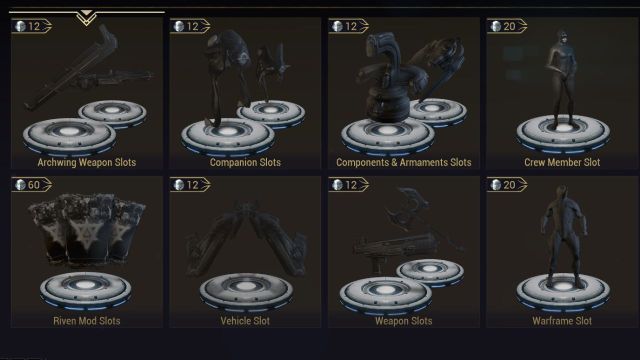 The slots menu in the Warframe Market.