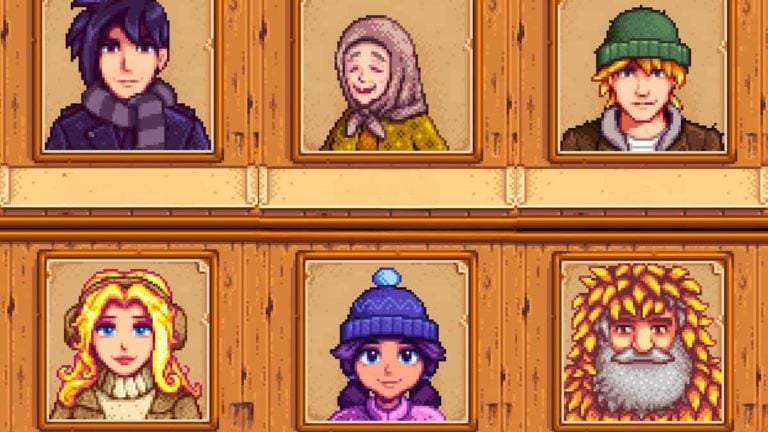 Some NPCs wearing Winter outfits in Stardew Valley.