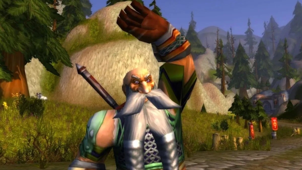 World of Warcraft Dwarf waving in a forest