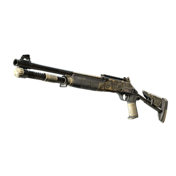 The XM automatic shotgun from Counter-Strike with a paintjob seemingly inspired by Aztec art, it has an engraved snake on its side. 