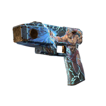 The Zeus x27 taser from CS2 with Zeus, the God of Olympus, drawn on the side. He is muscular and has no shirt and holds a lightning bolt in his extended hand. 