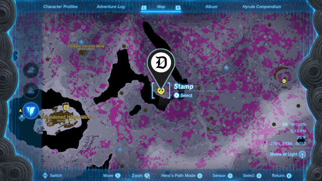 A section of the map from The Legend of Zelda: Tears of the Kingdom with a map marker near the Corvash Canyon Mine.