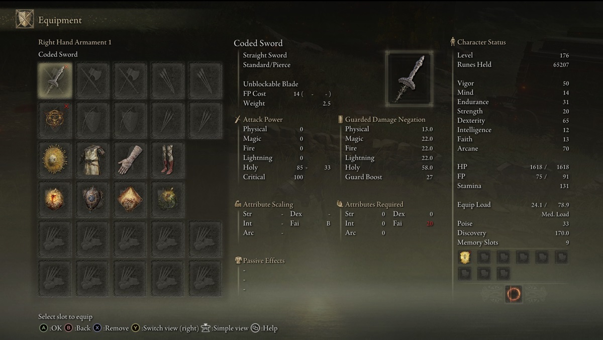 Coded Sword straight sword weapon in Elden Ring.