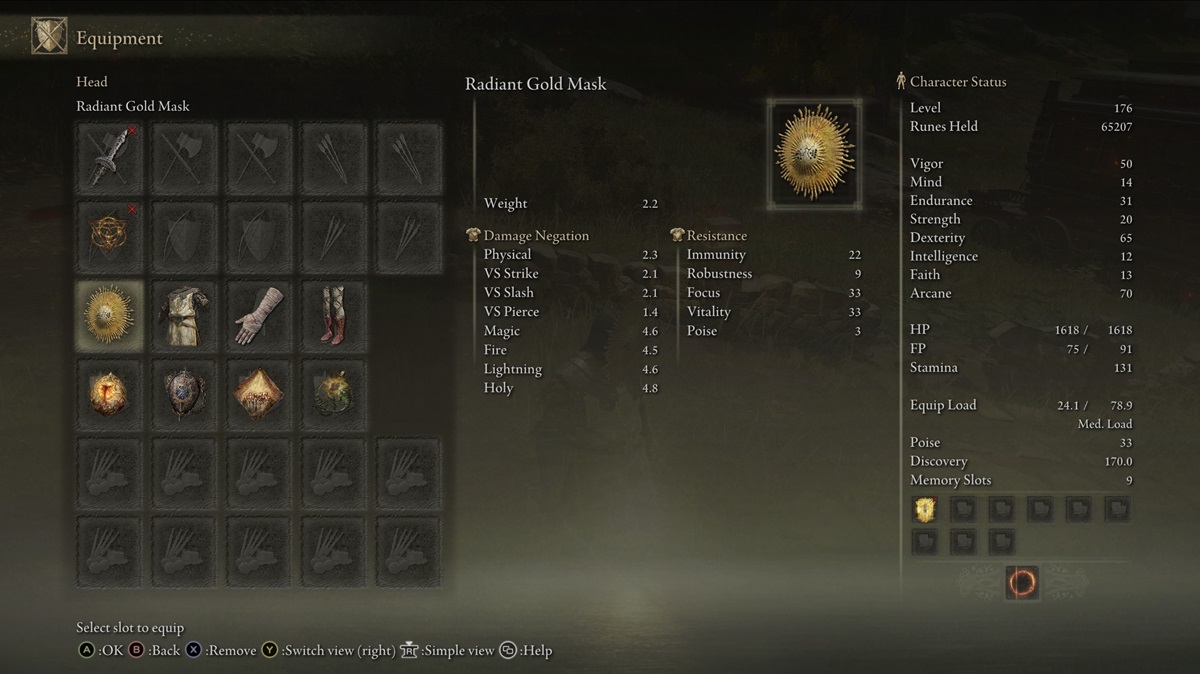 Radiant Gold Mask armor in Elden Ring.