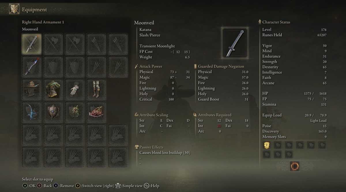 Moonveil katana weapon in Elden Ring.