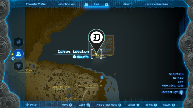 A section of the map from The Legend of Zelda: Tears of the Kingdom with a map marker at the Lomei Labyrinth Island.