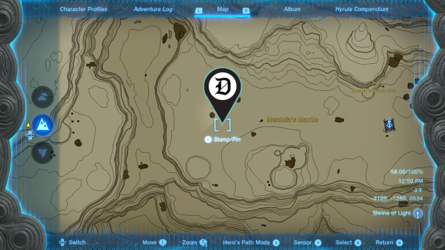 A section of the map from The Legend of Zelda: Tears of the Kingdom with a map marker near the Gerudo Highlands Skyview Tower.