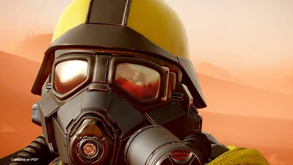 Close up of a Helldivers 2 helmet.