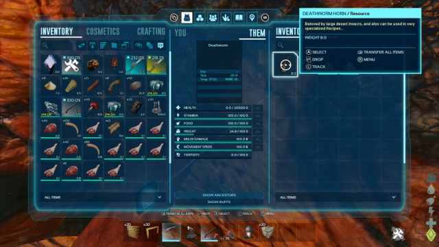 A Deathworm inventory in Ark: Survival Ascended Scorched Earth.