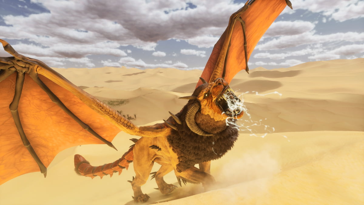 A Manticore screaming in the desert in Ark: Survival Ascended's Scorched Earth.