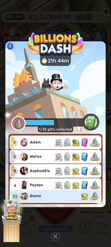 Billions Dash Monopoly GO leaderboard