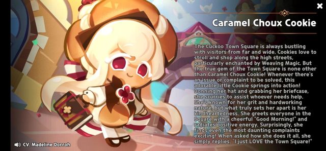 A portrait and description of Caramel Choix Cookie, who carries a small first aid kit.