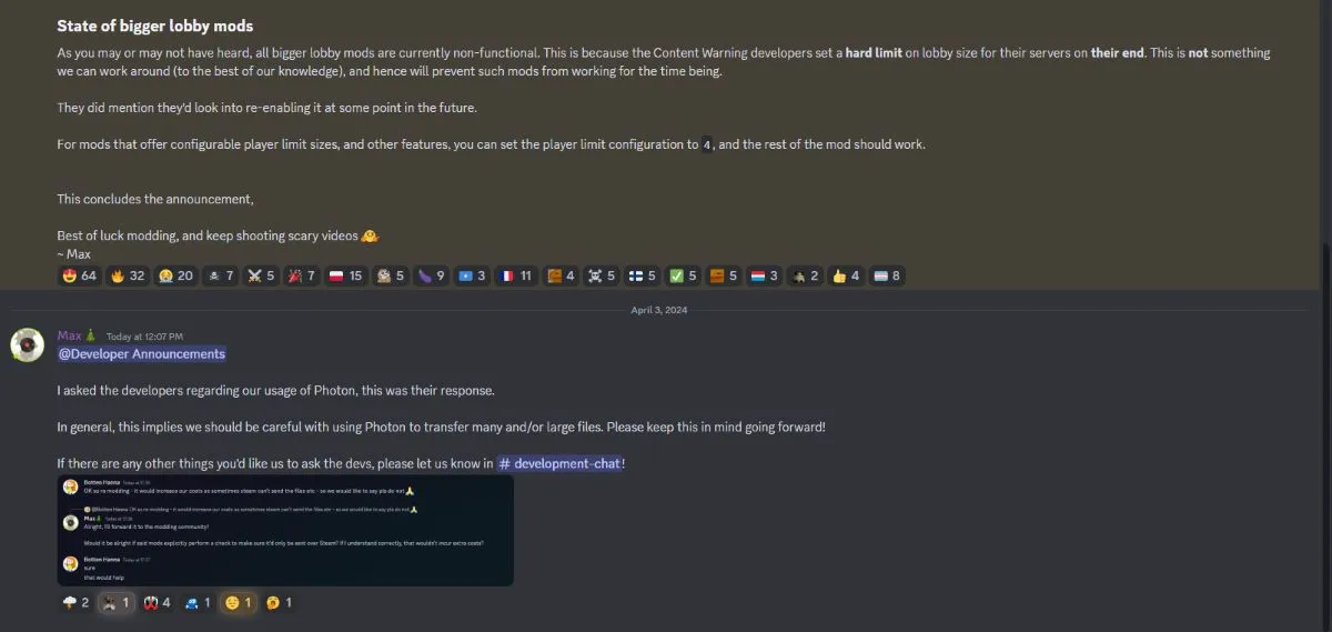 A screenshot of an announcement in the Content Warning Discord server.