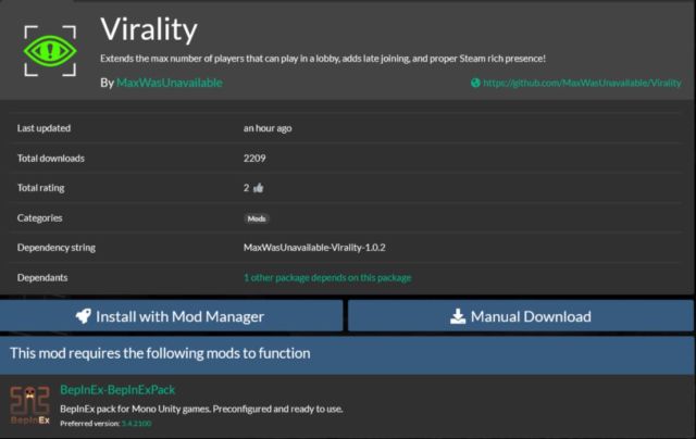 A screenshot of the Virality mod page on Thunderstore.