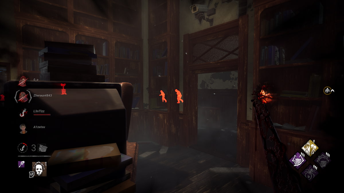myers stalking through walls showing red auras of survivors