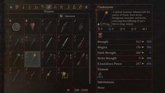 The Cinderspine weapon in Dragon's Dogma 2, in the game's menu.