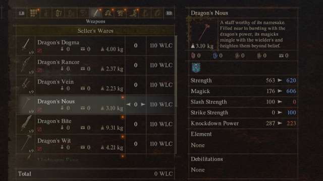 The Dragon's Nous weapon in Dragon's Dogma 2, in the game's menu.