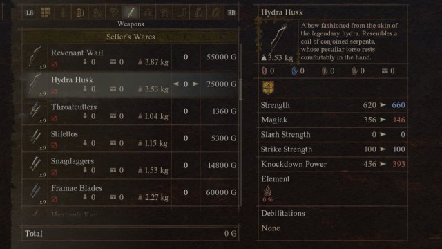 The Hydra Husk weapon in Dragon's Dogma 2, in the game's menu.