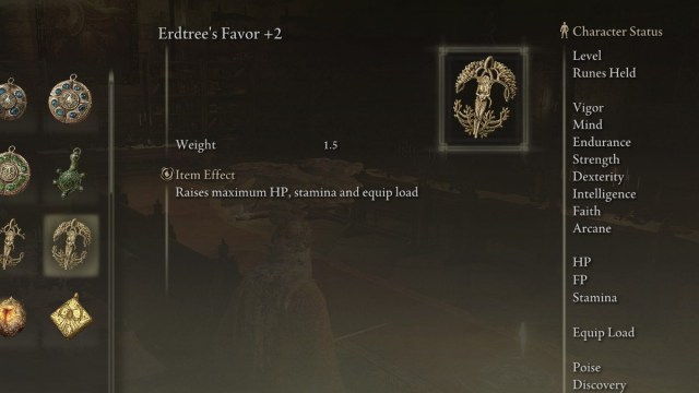 The Erdtree's Favor +2 Talisman in Elden Ring.