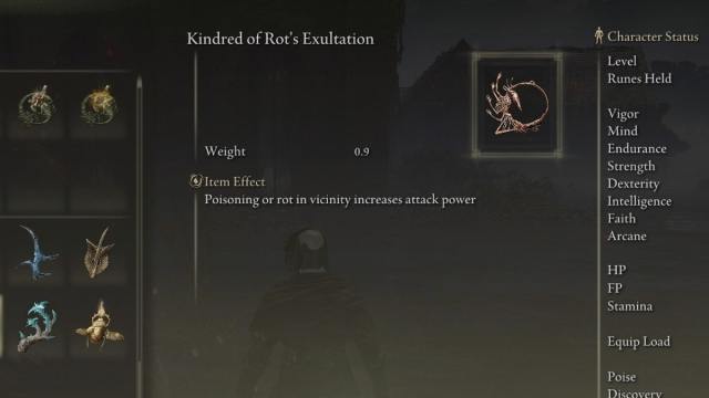 The Kindred of Rot Exultation Talisman in Elden Ring.