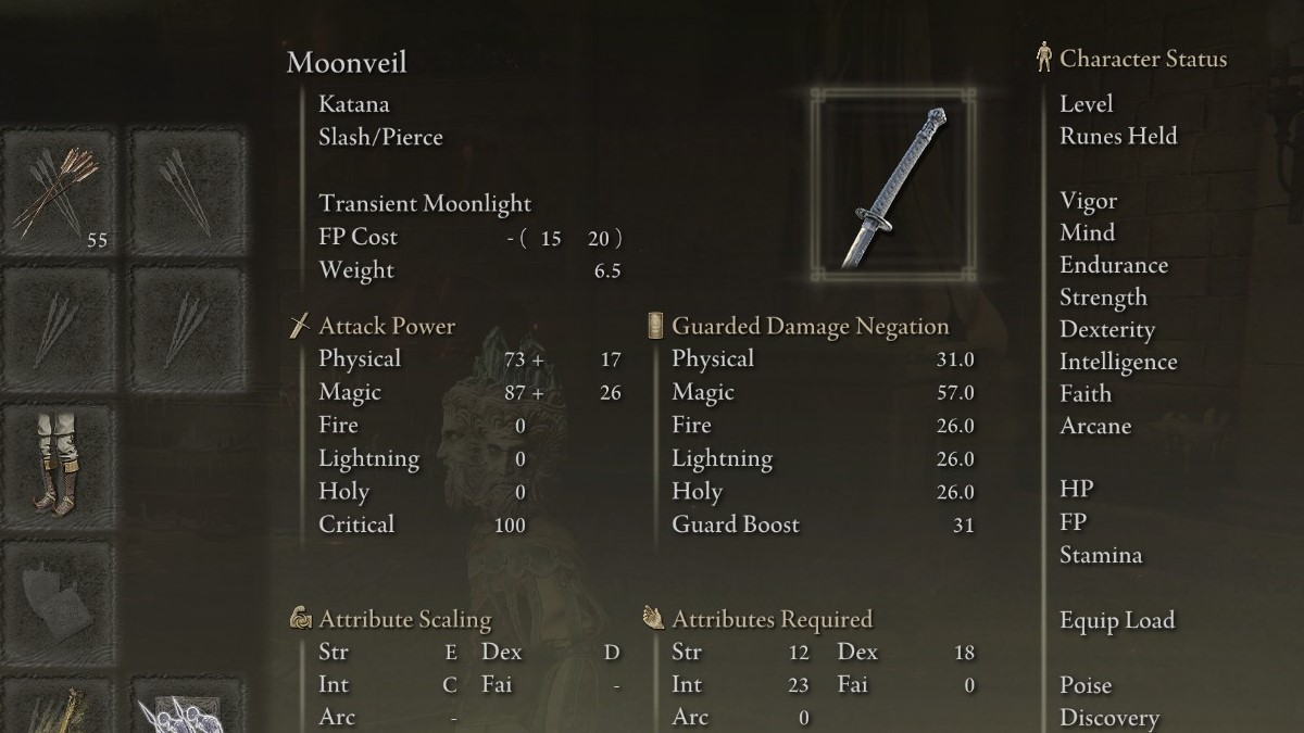 The Moonveil Rapier in inventory in Elden Ring.