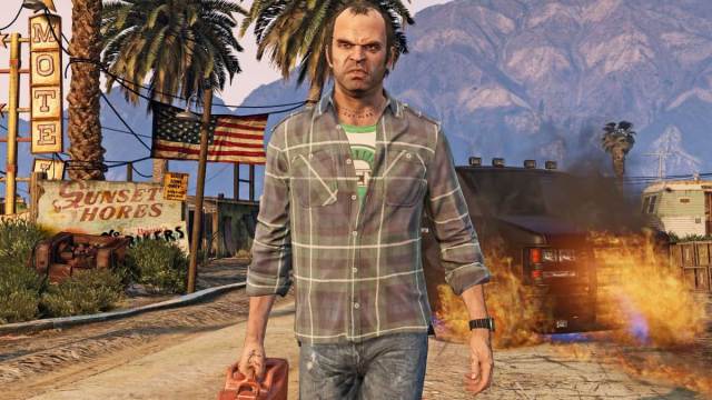 Trevor Phillips walking away from a burning car in GTA 5.