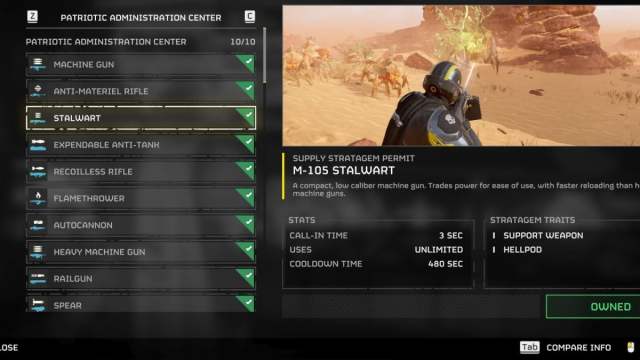 The Stalwart unlock page in Helldivers 2, on the Ship Stratagem purchase page.