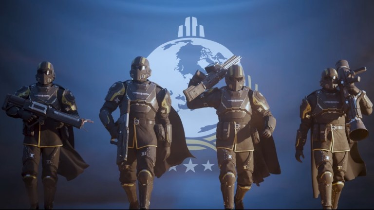 A group of four Helldivers carry various weapons, like assault rifles and missile launchers, in Helldivers 2.