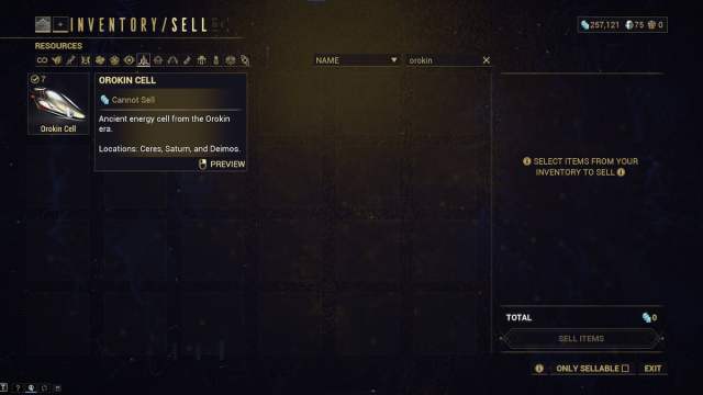 Orokin Cells in Warframe inventory