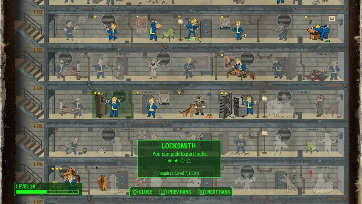 An in game screenshot of the Perk Chart from Fallout 4