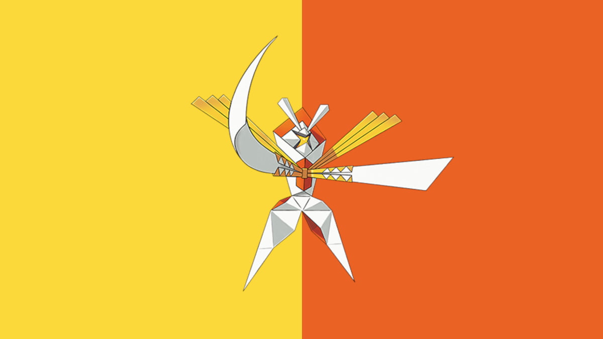 Kartana in Pokémon Go on a yellow and orange background