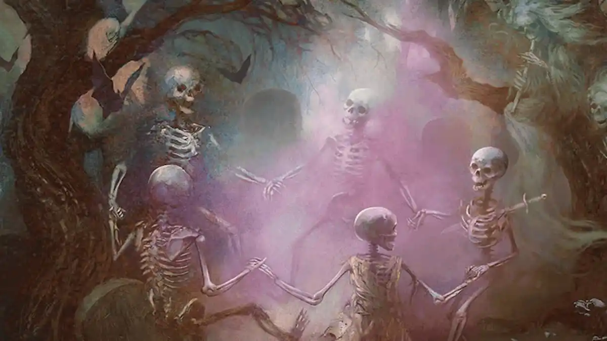 Skeletons dancing in a circle through MTG card Final Act