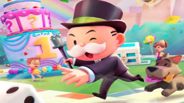 Mr. Monopoly and Scottie rolling Dice on Monopoly GO board