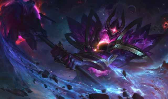 Mordekaiser slamming his hammer against planets in space.