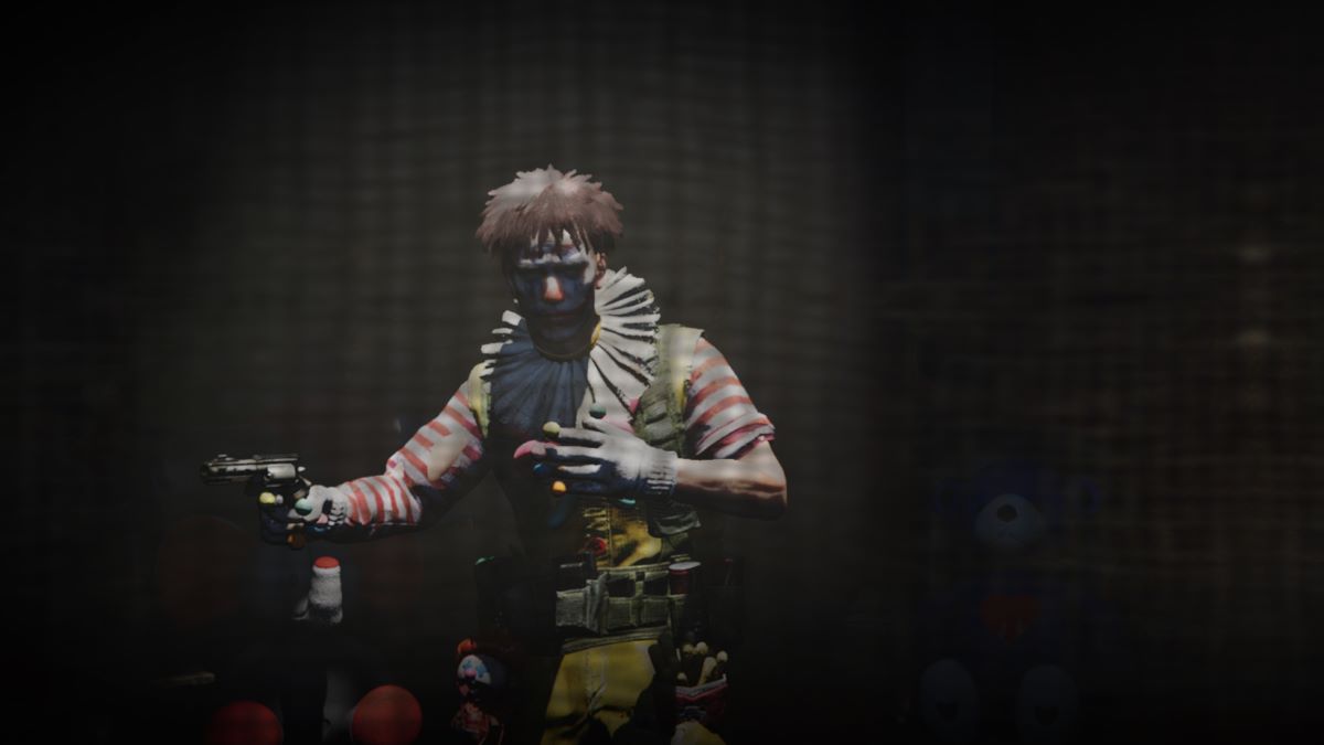 A Once Human screenshot that shows a clown holding a revolved with a creepy film-noise filter.