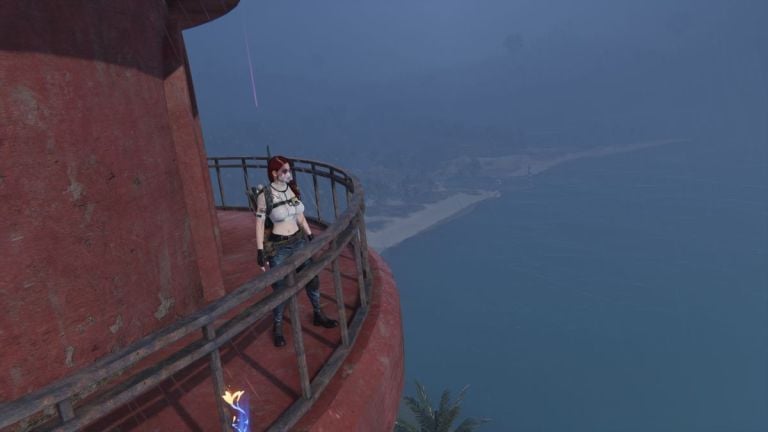 A Once Human camera mode screenshot of a player standing atop a lighthouse looking out to sea.