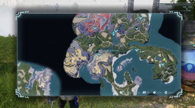 A screenshot of the map in Palworld showing the exact location of a Settlement where players can buy Wheat Seeds.