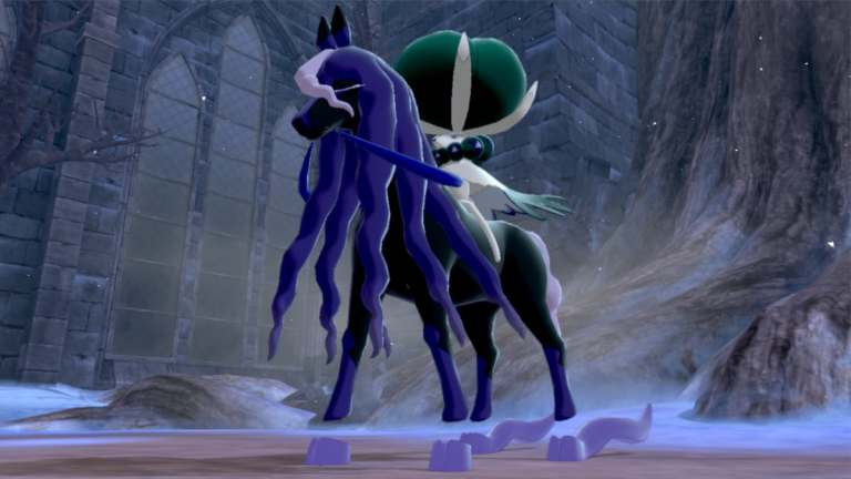 Calyrex riding Spectrier to become Shadow Rider Calyrex in Pokémon Sword and Shield.