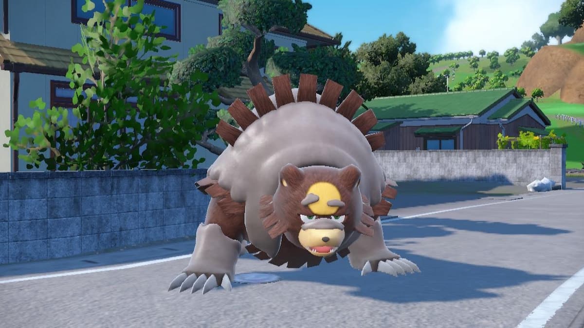 Ursaluna standing in the streets of Kitakami in Pokémon Scarlet and Violet.