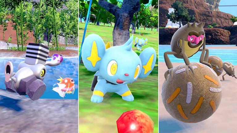 Side-by-side images of Varoom, Magikarp, Shinx, and Rellor in Pokémon Scarlet and Violet.