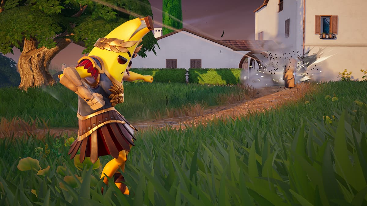 Peely using Earthbending mythic item in Fortnite.