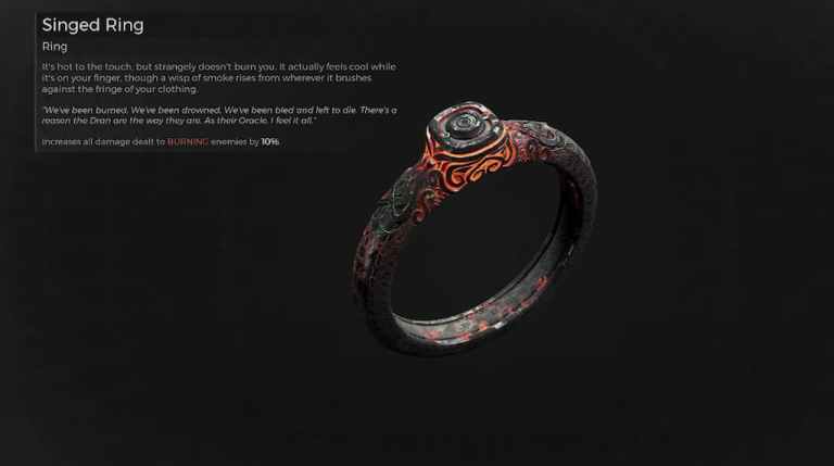 Image showing the Singed Ring and its description in Remnant 2.