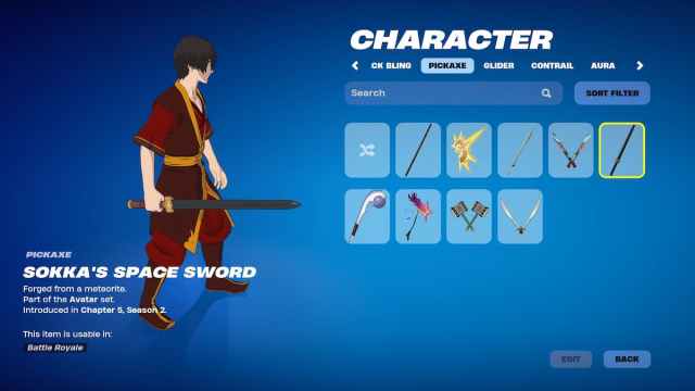 Zuko holding Sokka's Sword in Fortnite.