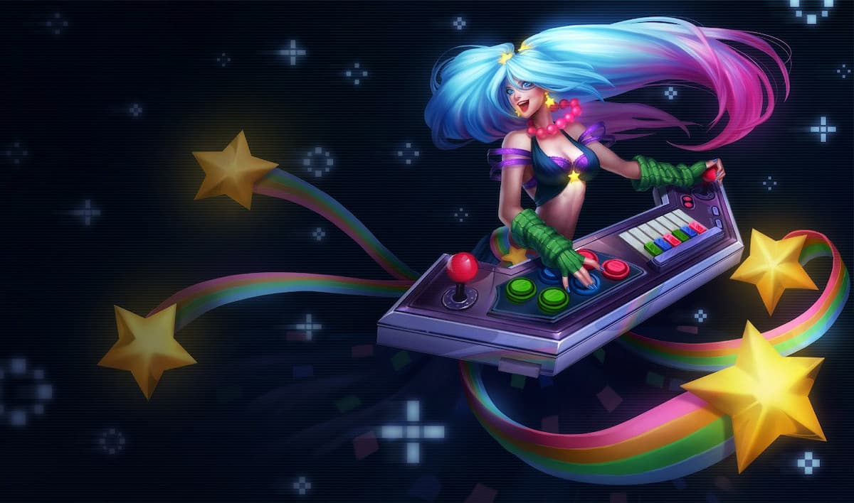 Arcade Sona playing a tune, skin splash art in League of Legends