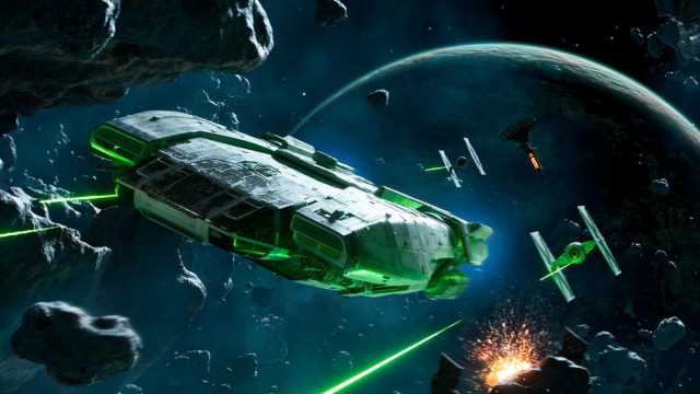 A ship in Star Wars Outlaws firing at a Tie Fighter.