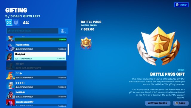 Fortnite's Gifting Screen to send out battle pass