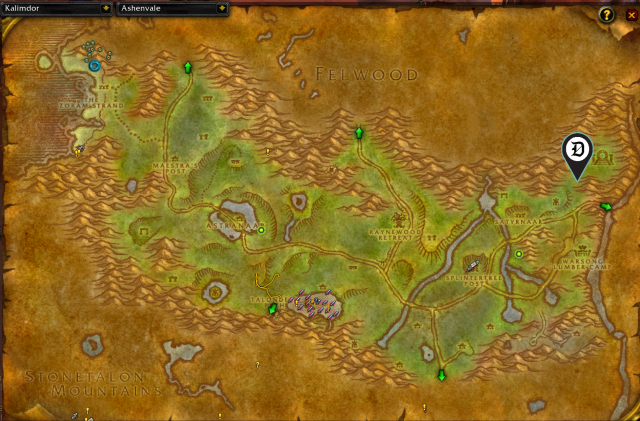 Map of Ashenvale, showing the exact location of Field Captain Hannalah