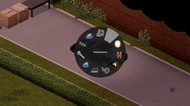 Radial menu showcasing multiple options while highlighting "Hotwire Engine" in Project Zomboid