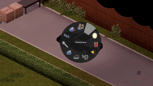 Radial menu showcasing multiple options while highlighting "Hotwire Engine" in Project Zomboid