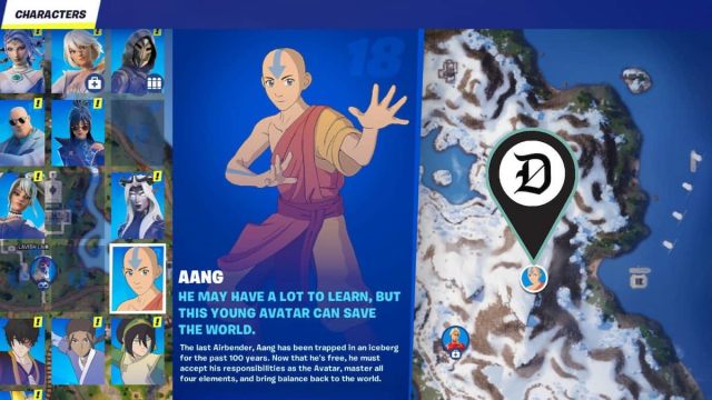 Aang's location in Fortnite.